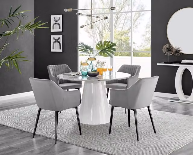 Furniturebox Palma Round White Marble Effect Dining Table and 4 Calla Black Leg Chairs in Grey