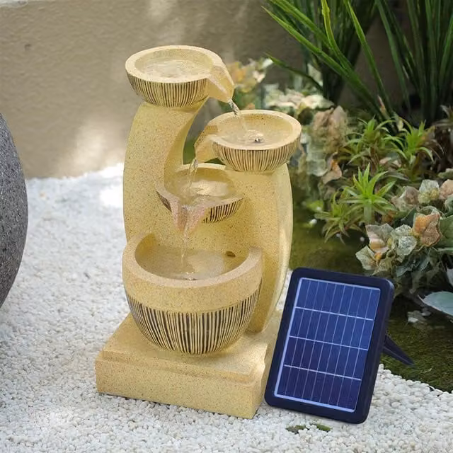 Livingandhome Modern Ceramic Solar Cascading Tabletop Fountain with LED Lights in Yellow
