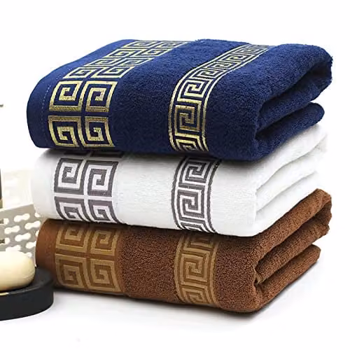 JINGYAN Embroidered Cotton Terry Bath Towel, Brown – 1