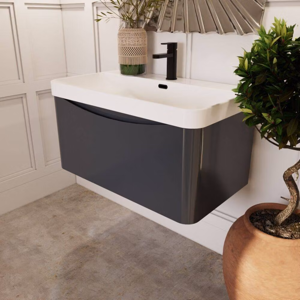 Balterley Arch Wall Hung 1 Drawer Bathroom Vanity with Ceramic Basin, Grey, Width: 80 cm – 4