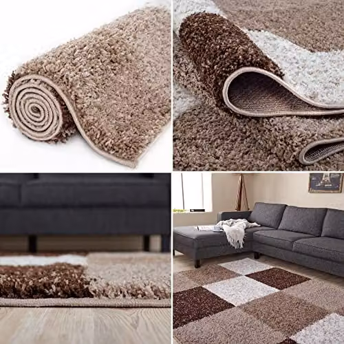 THE RUGS Modern Checked High Pile Shaggy Area Rug, Brown, W/D: 140 x 200 cm – 4
