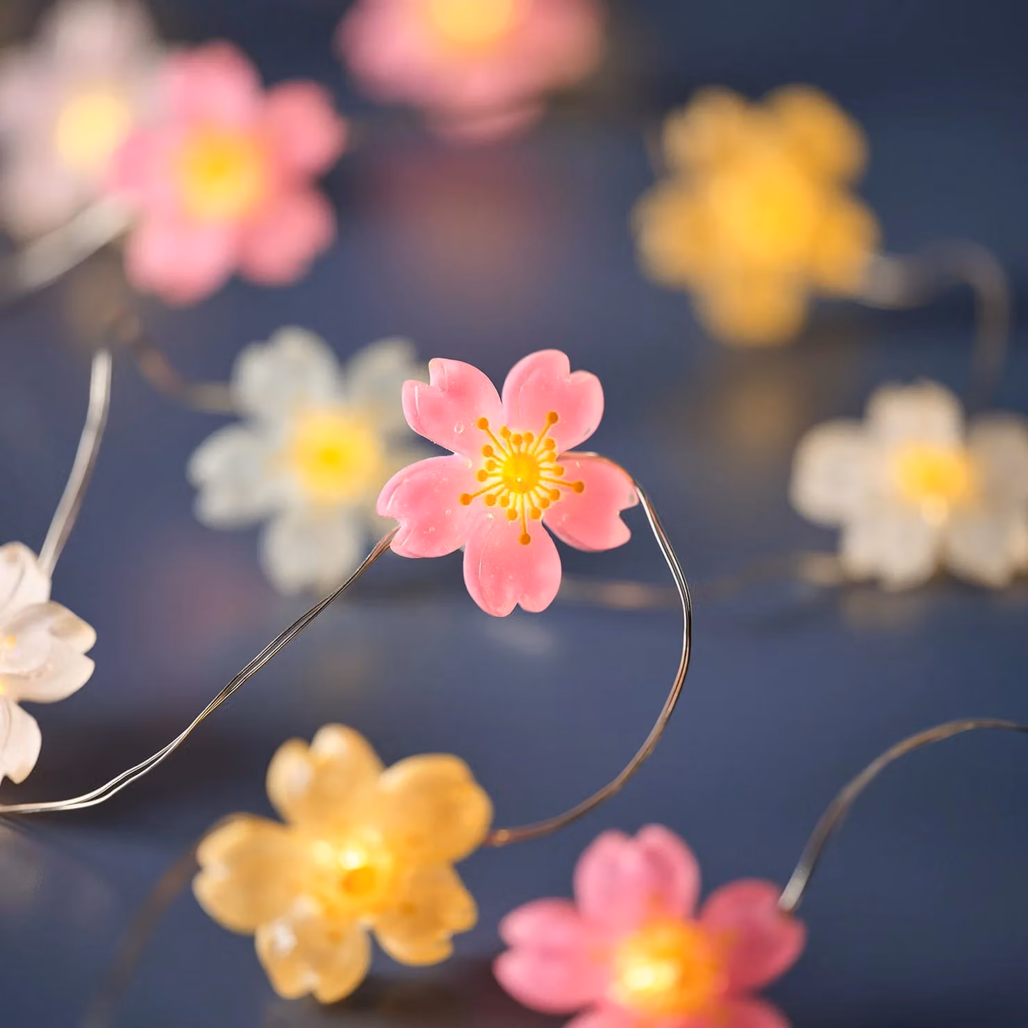 Lights4fun Pastel Flower LED Micro String Lights in Multicolour with Silver Metal Spring and Timer