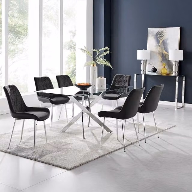 FurnitureboxUK Leonardo Dining Table with Six Pesaro Silver Leg Chairs, Black and Transparent Glass, W/D/H: 150 x 90 x 75 cm