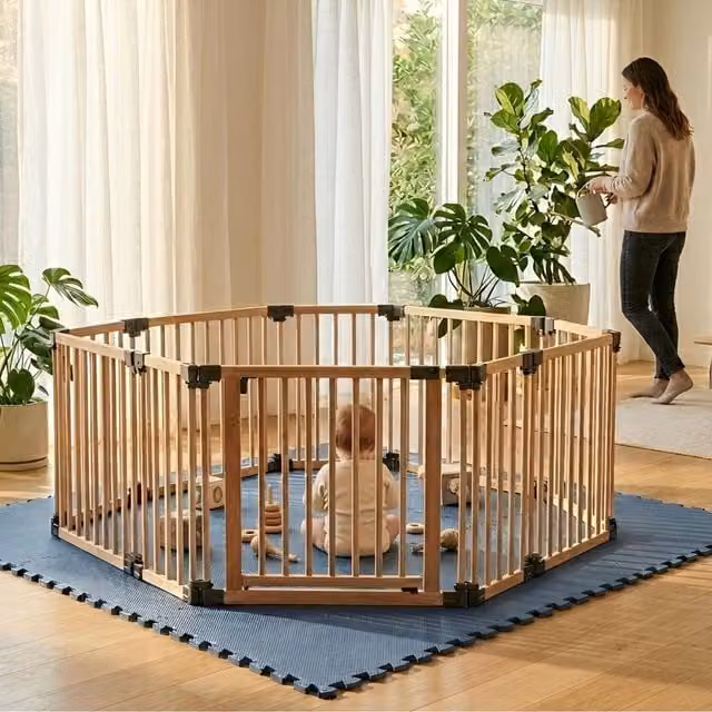 Safetots Hexagonal Wooden Play Den with Soft Foam Play Mat, Dusty Blue and Natural, W/D/H: 180 x 150 x 80 cm