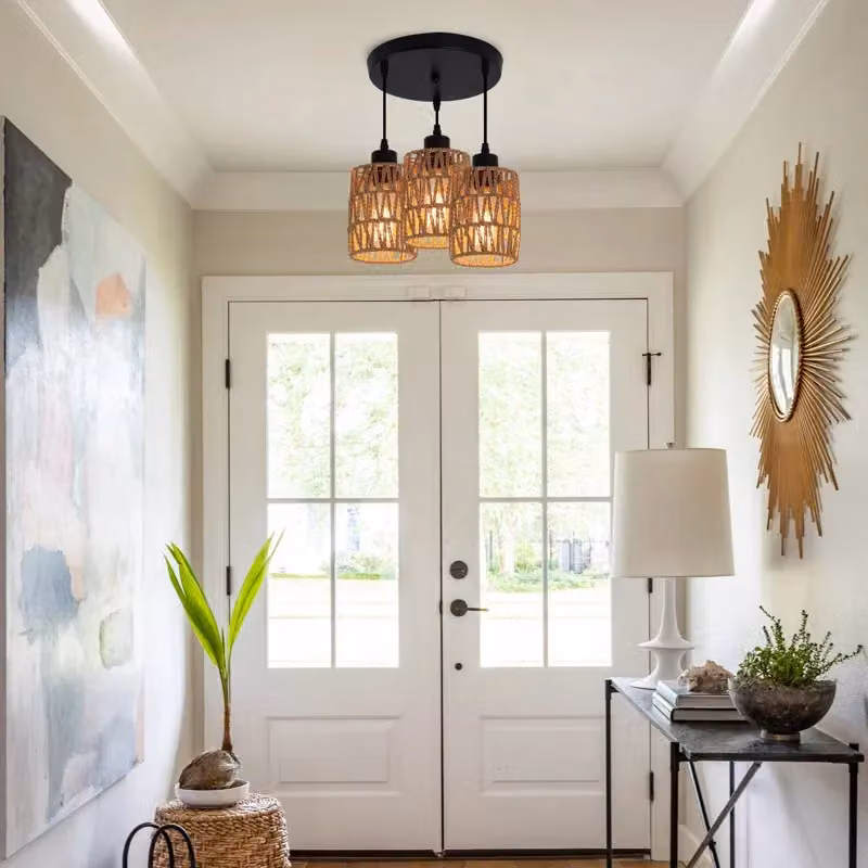 Garwarm 3-Light Rattan Farmhouse Cluster Pendant Light in Natural Brown – 2