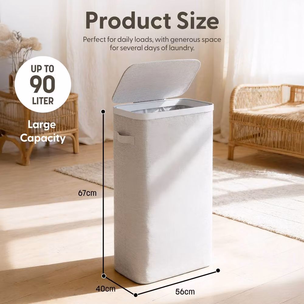 Keplin Collapsible Single Laundry Basket with Lid and Removable Liner, 90L, Grey, W: 42 cm, D: 32 cm, H: 67 cm – 2