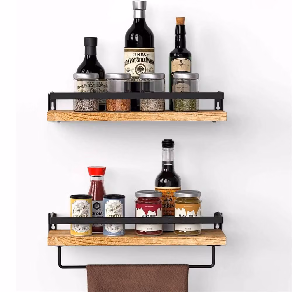 Nordara 2-Piece Brown and Black Rustic Wooden Floating Wall Shelves with Hanging Rod – 4