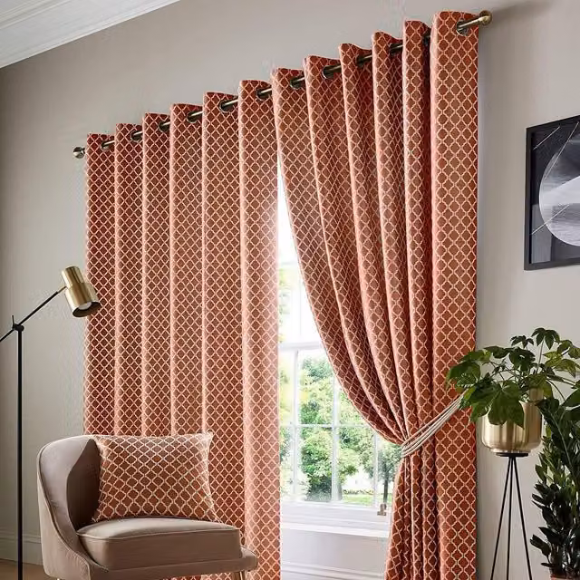 Alan Symonds Orange and White Graphic Eyelet Fabric Curtains, Height: 229 cm
