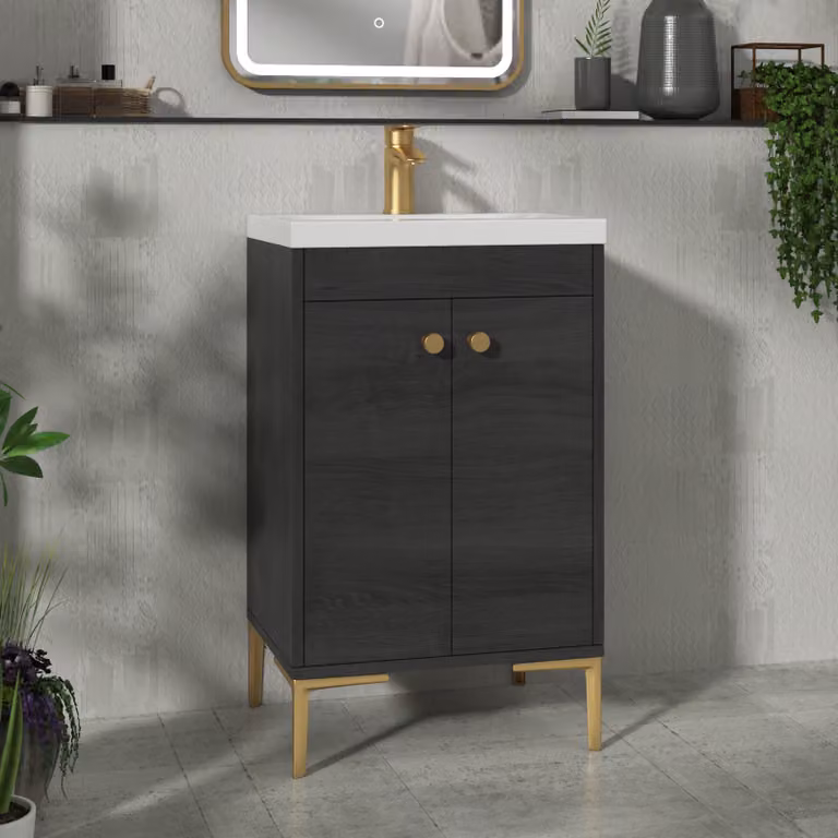 Royal Bathrooms Verona 500mm Black Woodgrain Floor Standing 2 Door Vanity Unit with Mid-Edge Basin and Brushed Brass Knob