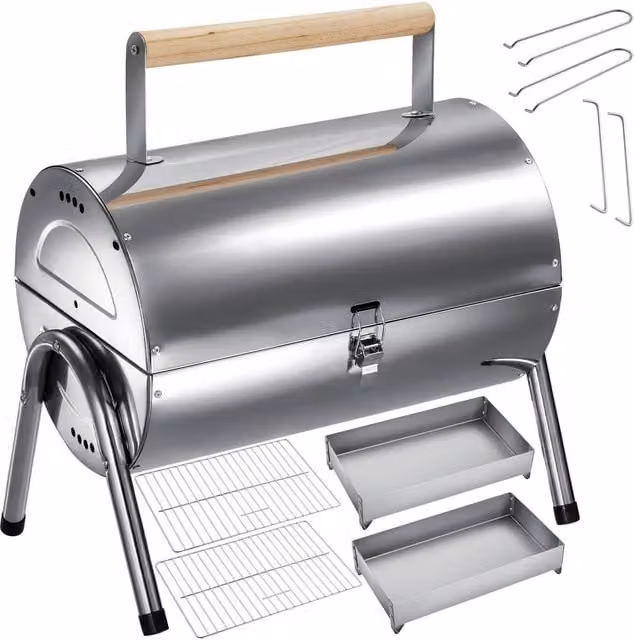 tectake Stainless Steel Charcoal Grill in Silver with 2 Cooking Surfaces and 2 Charcoal Trays, W/D/H: 44.0 x 42.0 x 30.5 cm