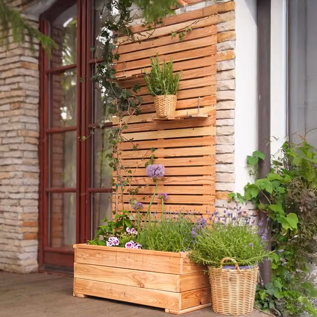 Primrose Brown Wooden Trough Planter with Privacy Trellis Hedge Tub
