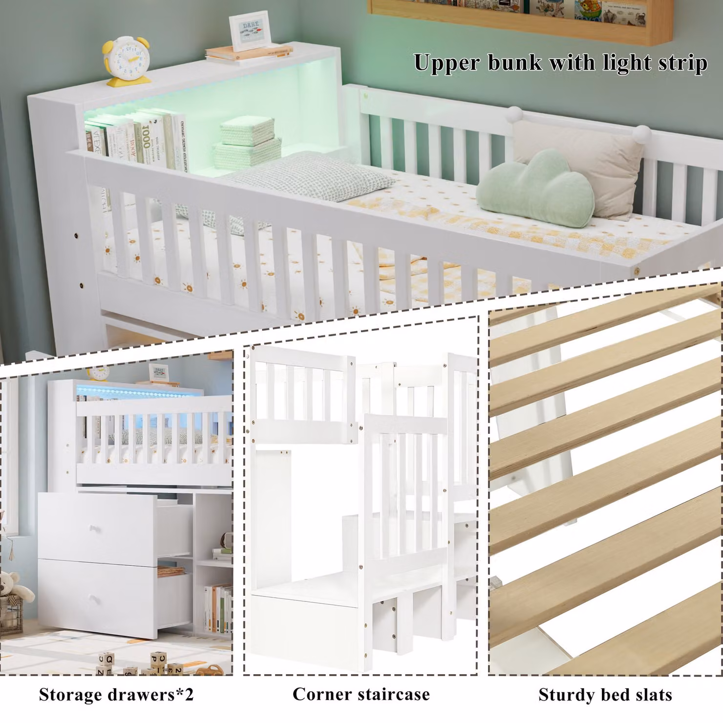 Aosom UK Single Wooden Storage Bed with Headboard Storage, 2 Drawers and LED Strips, White, W/D/H: 95 x 190 x 120 cm – 3