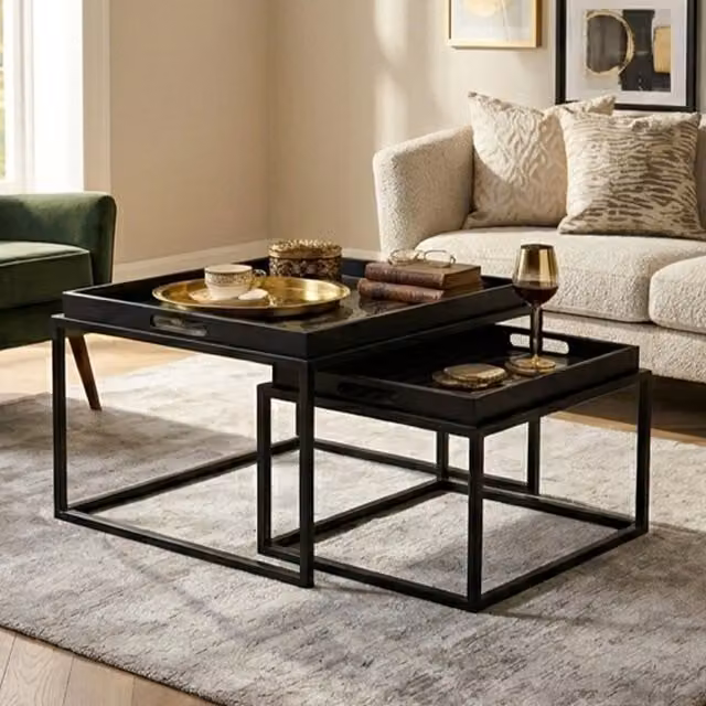 Orsina Set of 2 Modern Nesting Tables with Abstract Art Tempered Glass Tops and Removable Tray Feature in Black, Gold and Multicolour