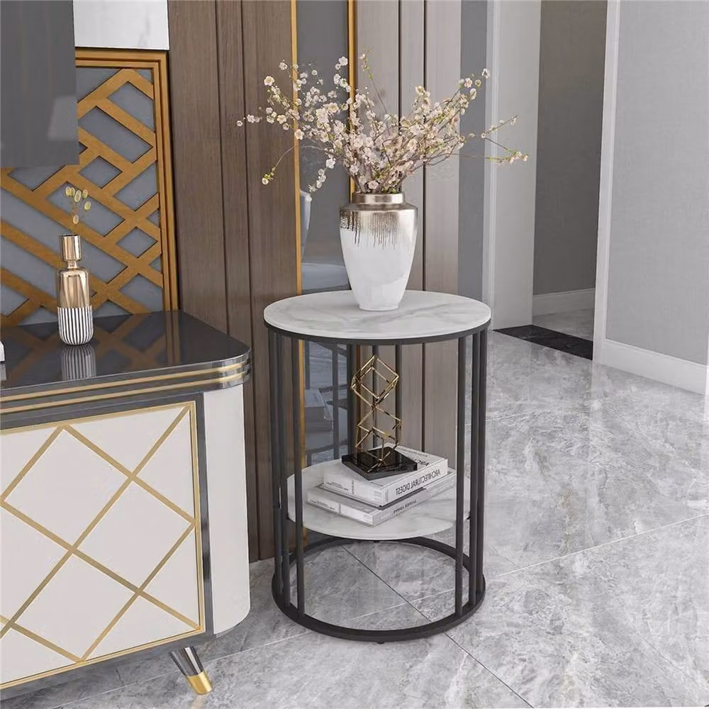 FLAVORA Black and White Round Modern Coffee Table with Glossy Ceramic Top – 1