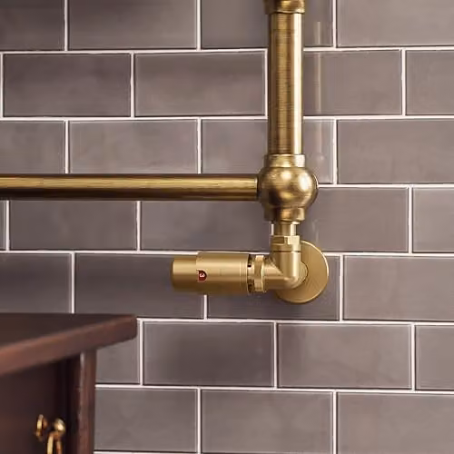 Terma Vario Vision 3-Axis Corner Accessory Valve Set in Gold Brass with Thermostat Head and Pipe Masking, Right Sided