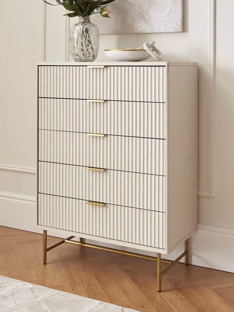 Cora 5 Drawer Chest in Ivory and Brass Modern Bedroom Storage Solution