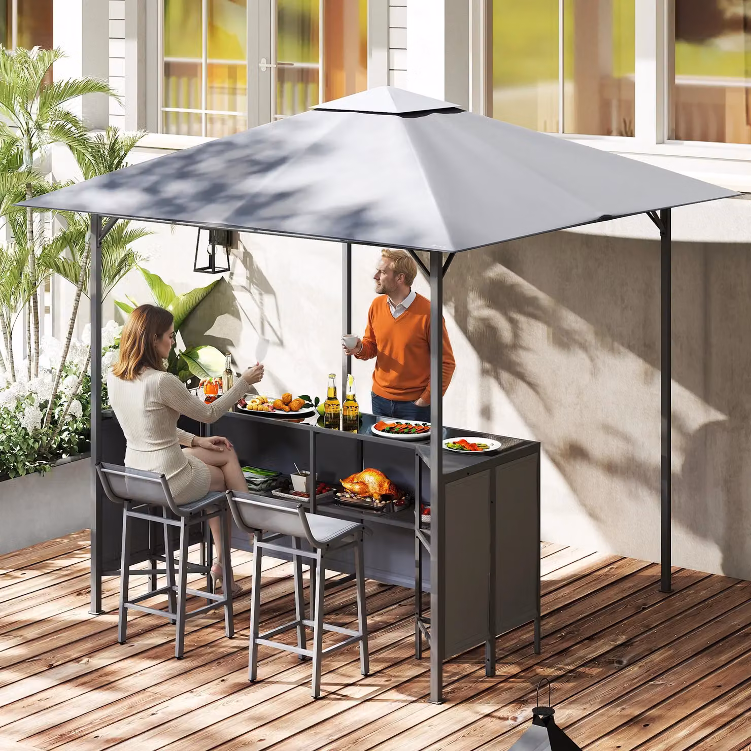 Gymax 3 Piece Grey Patio Bar Set with Grill Gazebo, Table and Bar Stools, W/D/H: 245 x 245 x 243 cm – 4
