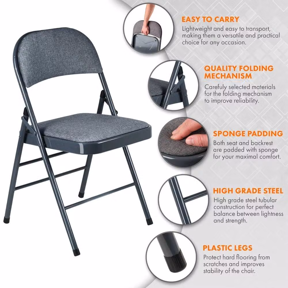 Kelvenix Dark Grey Folding Chairs with Padded Fabric Seats and Metal Frame – 3
