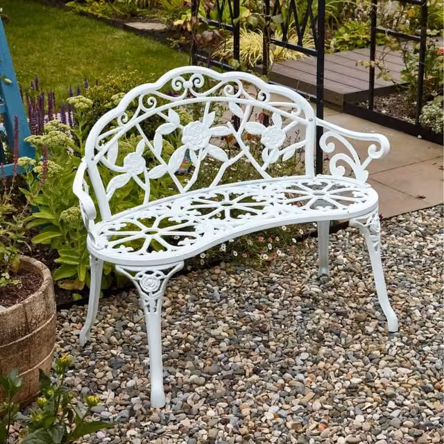 Home Source White Lacquered Metal Floral Garden Bench