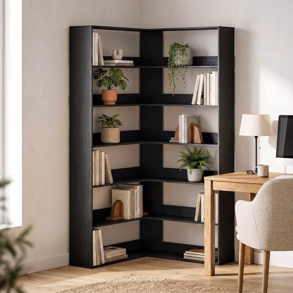 HOMCOM 7-Tier L-Shaped Corner Bookshelf in Black Wood Effect, W/D/H: 90 x 90 x 180 cm – 2
