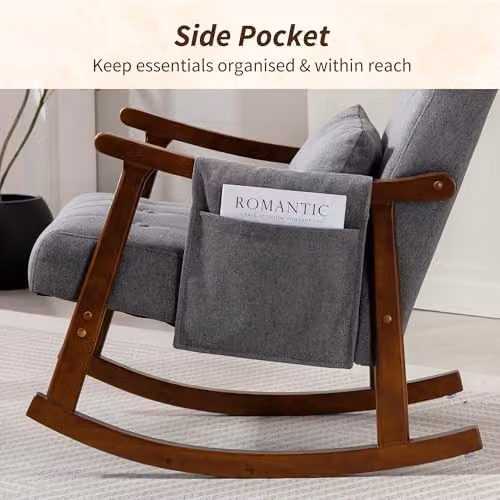 HOMCOM Modern Grey Fabric Rocking Chair with Solid Wood Frame and Armrests W/D/H: 65 x 84 x 87 cm – 5