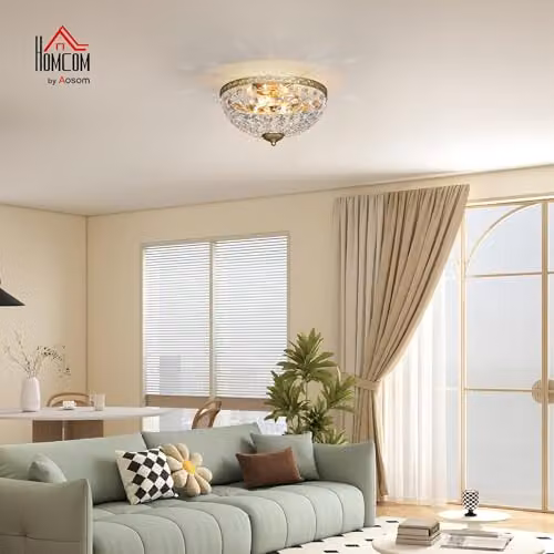 HOMCOM Crystal Ceiling Light 2-Light Flush Mount in Gold Tone – 2
