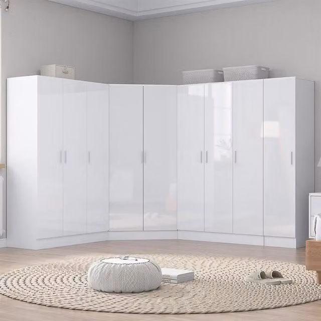 REFLECT Wardrobe Bundle in White Gloss and Matt White, featuring one Corner, two 3-Door, and one 1-Door unit with soft-close hinged doors