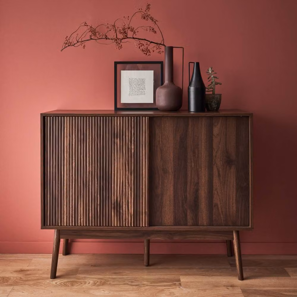Sweekeec Scandinavian Style Buffet Storage Cabinet in Dark Brown Wood Effect with Glass Doors, Width: 115 cm – 3