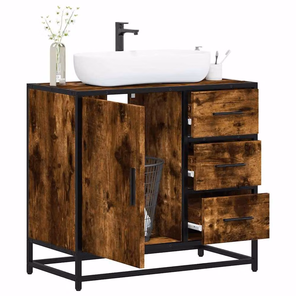 Berkfield Home Smoked Oak Bathroom Sink Cabinet, Brown, W/D/H: 65 x 33 x 60 cm – 2