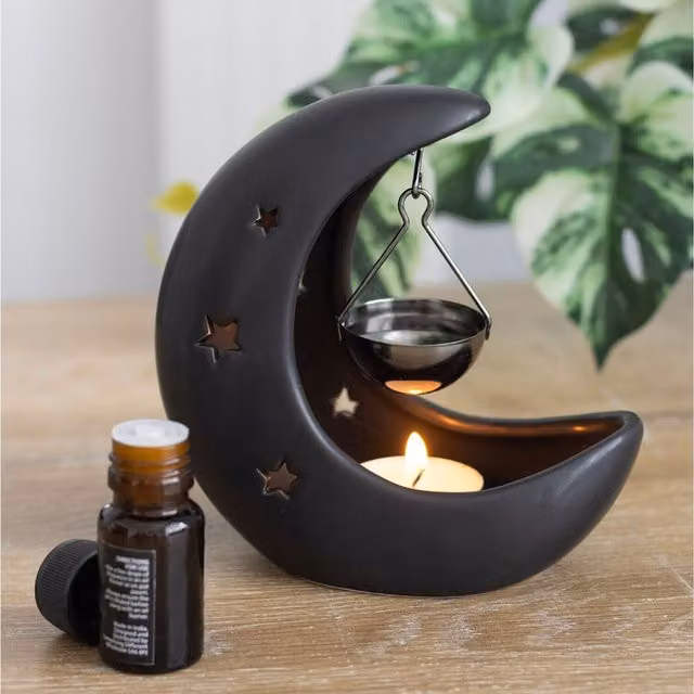 Kingsbury Gifts Ceramic and Metal Hanging Crescent Moon Tealight Oil Burner in Black and Silver