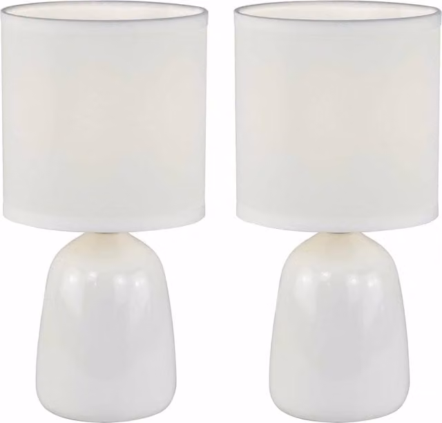First Choice Lighting Cleo Set of 2 White Ceramic Table Lamps with Fabric Shades, Height: 25.5 cm