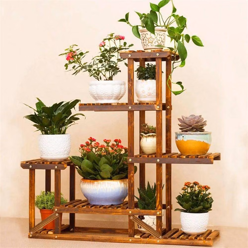 EONLION 5-Tier Solid Pine Wood Plant Stand and Flower Pot Shelf, Brown, H 95 x W 95 x D 25 cm – 5