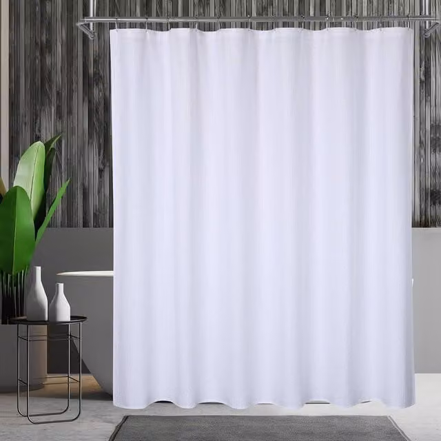 London Boutique White Waffle Weave Waterproof Polyester Shower Curtain with Weighted Hem – 1