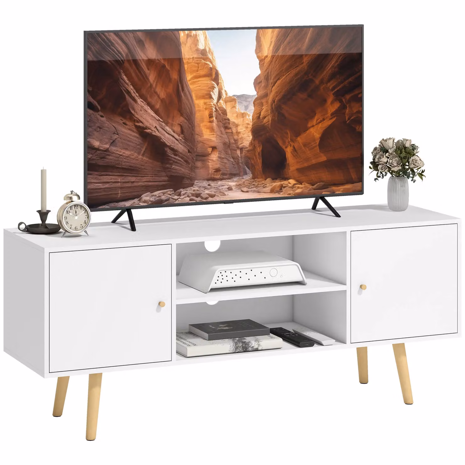 HOMCOM White TV Stand Cabinet with Wood Legs – 3