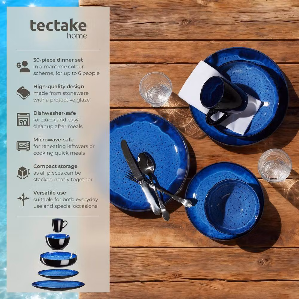 tectake Mare Glazed Stoneware Dinner Set for 6 People, Blue – 2