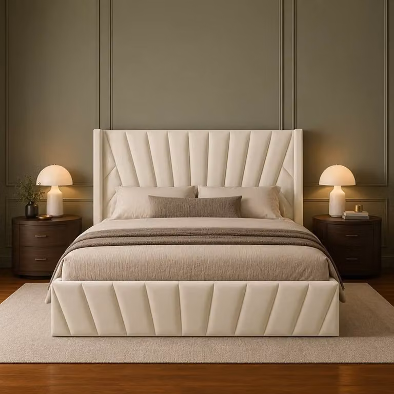 Desire Deco Novada Wingback Storage Bed in Beige Plush Velvet, King Size (W/D/H: 180 x 200 x 137 cm)