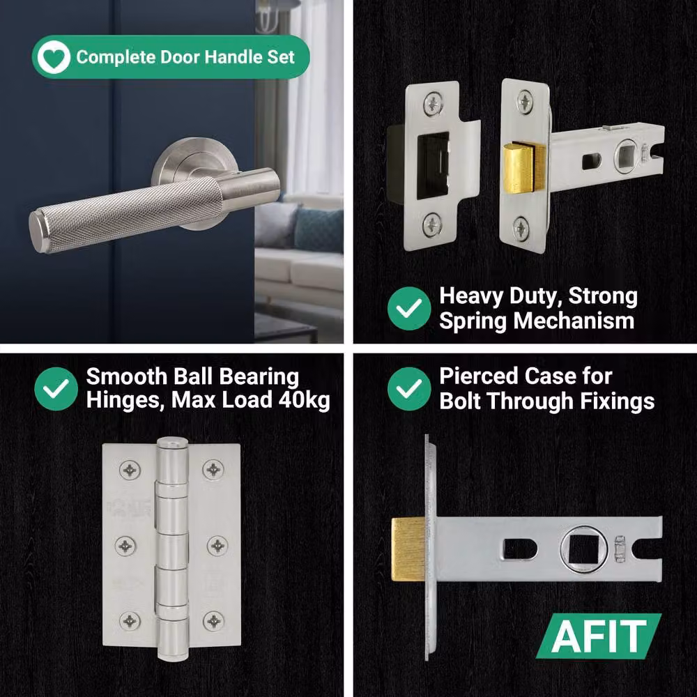 AFIT Satin Nickel Knurled Rose Door Handles and Latch Kit with Hinges, 5 Pairs, Silver, Size: 150 x 150 mm – 6