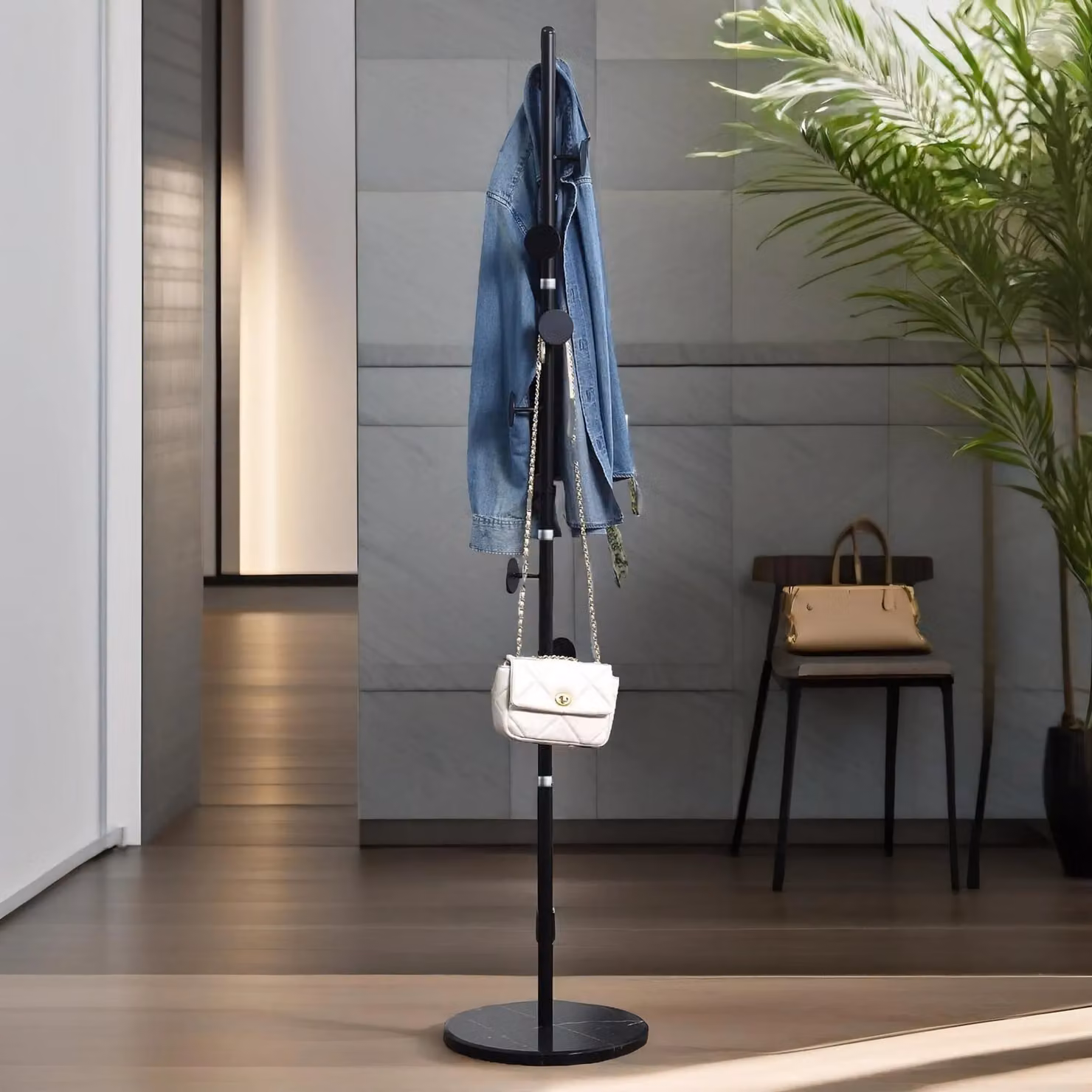 Pirlo Plush Black Adjustable Coat Stand with 8 Hooks and Marble Base, H 170 x W 35 x D 35 cm – 2