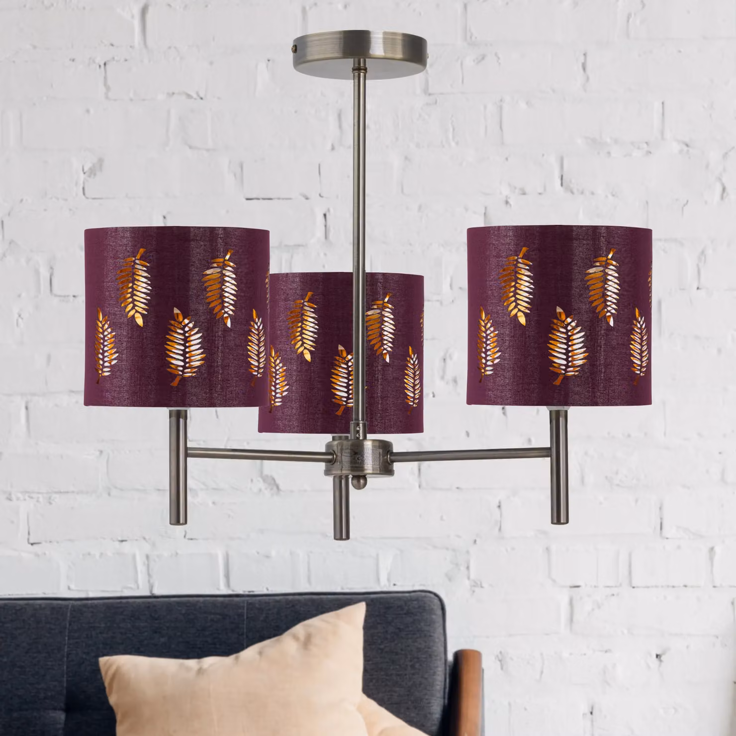 First Choice Lighting Brea Antique Brass 3 Light Ceiling Fitting with Red Fabric Shades – 2
