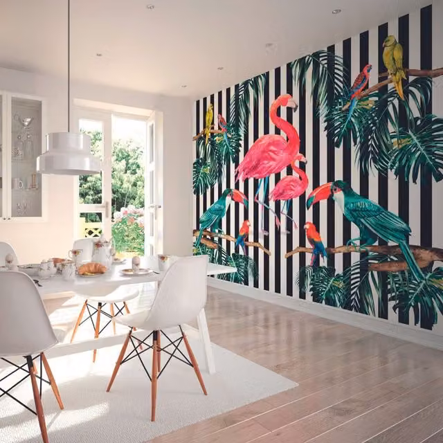 Origin Murals Flamingo Stripe Multi Wall Mural in Multicolour and Yellow