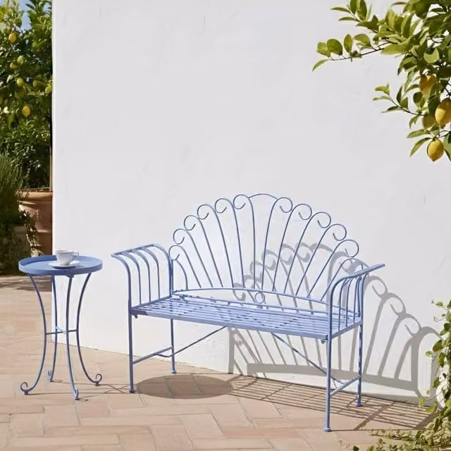 Wyld Haus Blue Powder Coated Steel 2-Seater Metal Garden Bench with Armrests