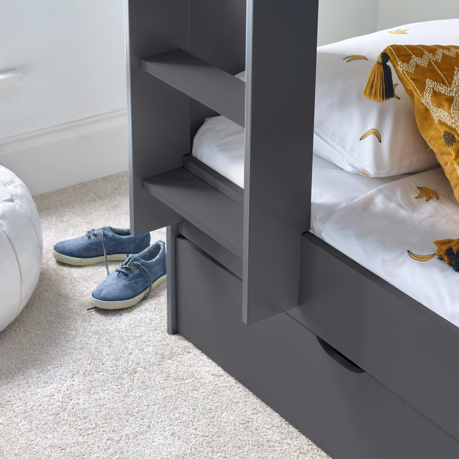 Bedmaster Olly Two-Level Storage Bunk Bed with Drawers in White and Grey – 2