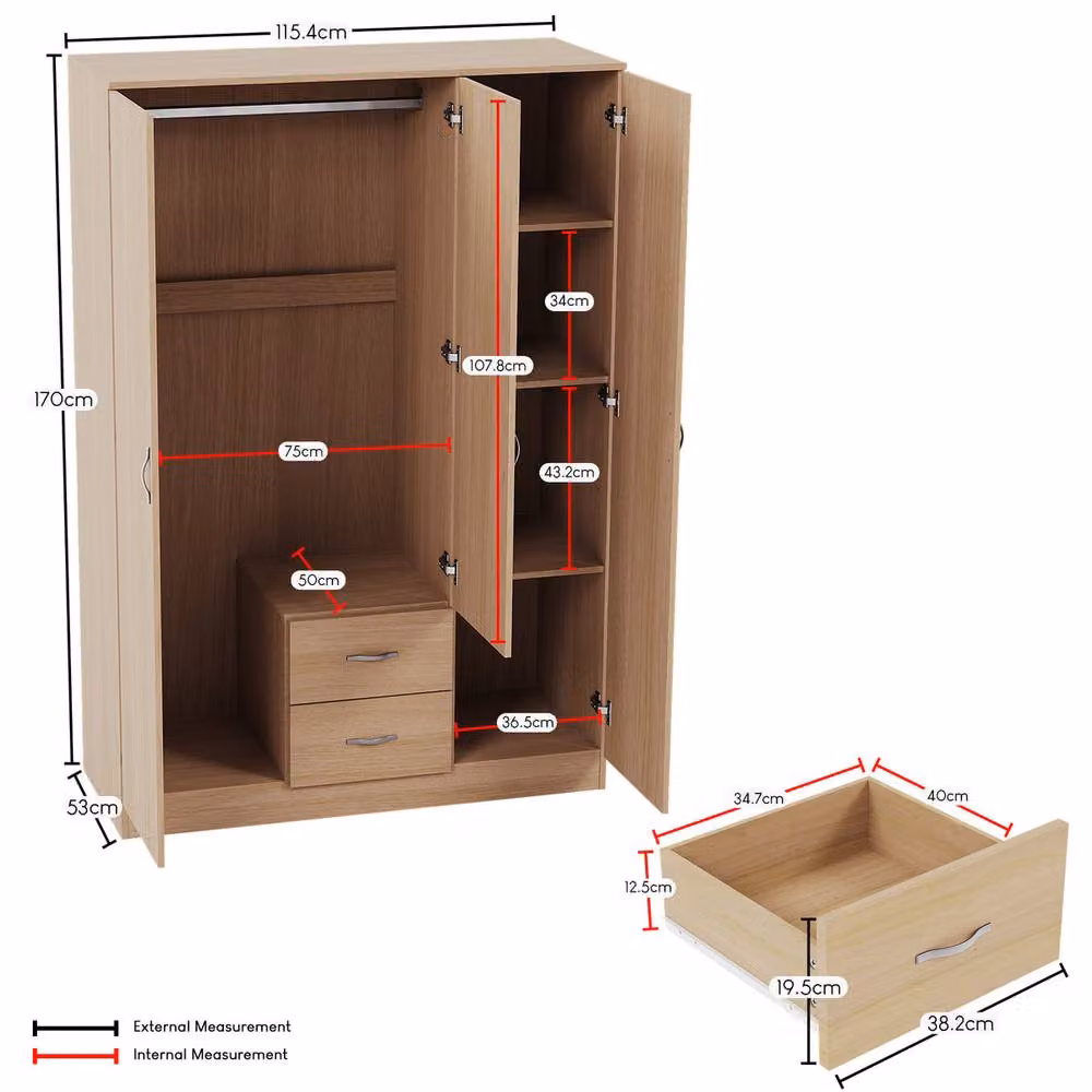 HD Designs Riano Modern 3 Door 2 Drawer Mirrored Wardrobe in Brown – 3