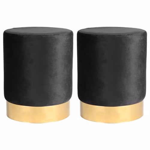 Harbour Housewares Velvet Round Pouffe Footstools, Pack of 2, Black with Gold Base, W/D/H: 29 x 29 x 36 cm