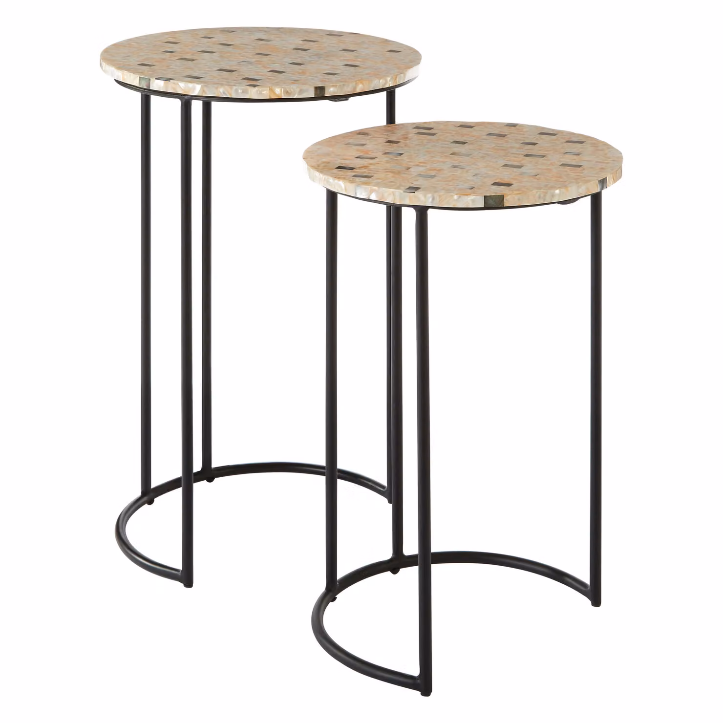 Orsina Set of 2 Round Mother of Pearl Nesting Side Tables with Black Metal Legs in Brown – 2