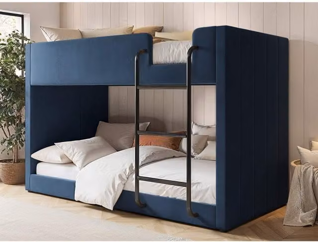 Flair Eden Modern Upholstered Bunk Bed in Blue Velvet Fabric