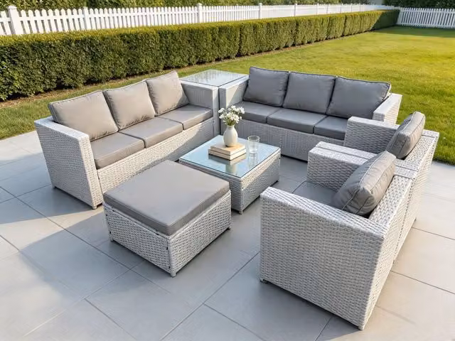 Fimous Outdoor Rattan Garden Furniture Set in Light Grey with 2-Seater Sofa, 2 Armchairs, Coffee Table and Ottoman