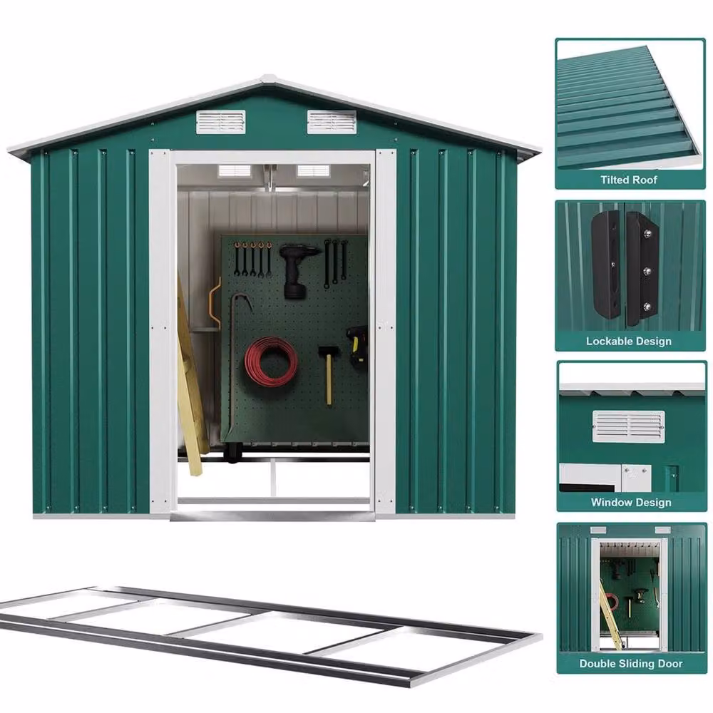 NESTLUNE Green Metal Garden Storage Shed with Double Doors and Foundation, W/D/H: 100 x 60 x 100 cm – 2