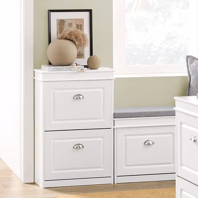 SoBuy Modern Slim Shoe Cabinet with Tilting Compartments and Integrated Seat, White