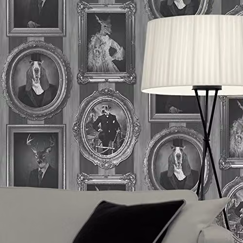 Muriva J59309 Black and White Dogs in Frames Vintage Animal Pattern Wallpaper, W: 0.53 m, L: 10.05 m – 2
